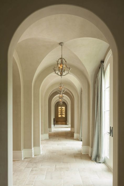 French Country Hallway, Glass Hallway, Country Hallway, Steel Frame Doors, Harrison Design, Home Design Magazines, Monday Inspiration, Stone Cottage, Wood Beams