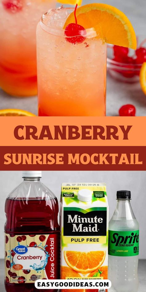 A Cranberry Sunrise Mocktail is the perfect refreshing drink without alcohol - cranberry juice and orange juice with soda - it's such a pretty drink! Orange Juice And Cranberry Juice Drinks, Non Alcoholic Drinks With Cranberry Juice, Orange Non Alcoholic Drinks, Starbucks Cranberry Orange Refresher, Cranberry Juice Recipes Drinks, Orange Juice Punch, Christmas Party Drinks Nonalcoholic, Cranberry Juice Drinks, Orange Punch Recipes