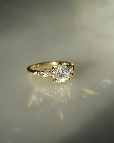 A beacen of pure light, leading straight to the heart✨ Some more angles of this dazzling bespoke Wild Iris Ring, our one and only three-stone engagement ring design! Three Gem Ring, Laurie Fleming Engagement Ring, Rings Engagement Three Stone, Triad Engagement Ring, Tri Stone Engagement Ring, Ethereal Engagement Ring, Laurie Fleming, Iris Ring, Unique Diamond Ring