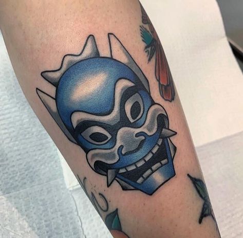 Avatar Traditional Tattoo, Zuko Blue Spirit Tattoo, Blue Spirit Avatar Tattoo, Blue Spirit Mask Tattoo, Zuko Mask Tattoo, Blue Spirit Tattoo, Zuko Tattoo, Blue Spirit Mask, Atla Tattoo