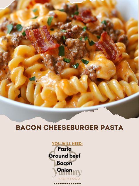 🍝 "Bacon Cheeseburger Pasta—a fun, flavorful twist on classic cheeseburgers. Creamy, cheesy, and oh-so-delicious! 🍔🍝 #PastaRecipes #ComfortFood" Bacon Cheeseburger Pasta Ingredients: Pasta (8 oz, uncooked) Ground beef (1 lb) Bacon (4 strips, cooked and crumbled) Onion (1, chopped) Garlic (2 cloves, minced) Tomato sauce (1 cup) Cheddar cheese (1 cup, shredded) Cream (1/2 cup) Salt and pepper (to taste) Instructions: Cook pasta according to package instructions. Drain and set aside. In a sk... Cheese Burger Macaroni, Bacon Cheeseburger Pasta, Cheeseburger Mac And Cheese, Bacon Cheeseburger Casserole, Cheeseburger Pasta, Mexican Casserole Recipe, Cheeseburger Recipe, Baked Bacon, Bacon Pasta