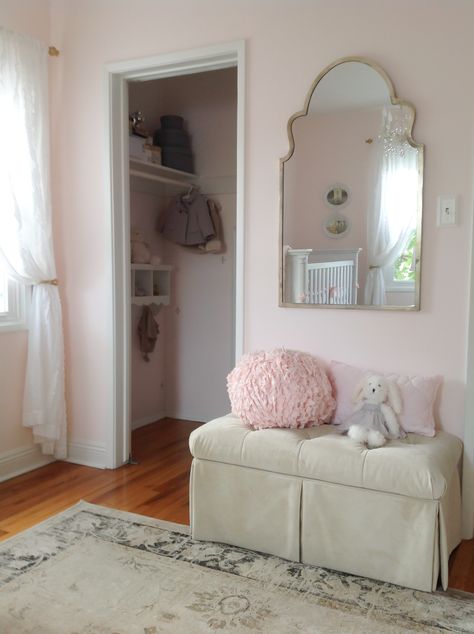 Powder pink, white & gold nursery Paint - Valspar Perfection mixed with 60% white base Powder Pink Paint, Valspar Champagne Pink, Light Pink Room Walls, Pale Pink Bedroom Walls, Soft Pink Paint, Pale Pink Bedrooms, Light Pink Rooms, Nursery Paint, Light Pink Paint