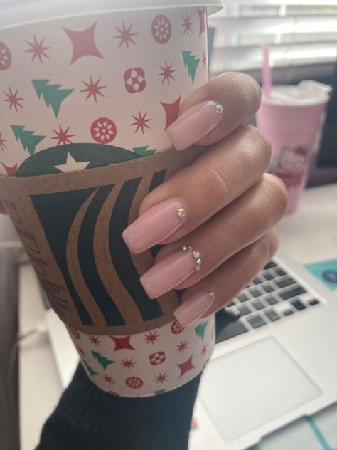 Pastel Pink Nails With Rhinestones, Gems Around Cuticle Nails, Nails Inspo Rhinestones, Gel X With Gems, Basic Pink Nails With Gems, Plain Pink Nails With Rhinestones, Light Pink Nails With Diamonds, Basic Nails With Gems, Nude Pink Nails With Rhinestones