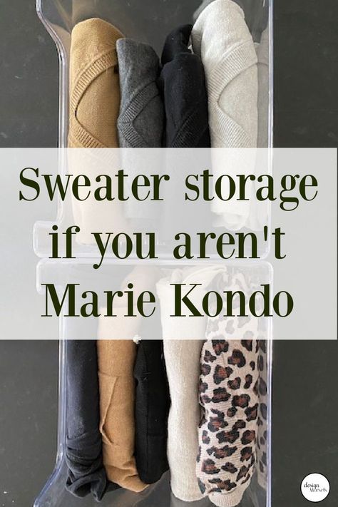 I love seeing how Marie Kondo folds a sweater but that's not how I'm going to fold my clothes every day. There are less complicated ways to store sweaters. Get my tips for sweater storage and some other organizing hacks. Fold And Store Sweaters, Space Saving Sweater Storage, Marie Kondo Folding Sweaters, Sweaters Storage Ideas, Best Way To Fold Sweaters, Sweater Storage Ideas Organizing, Organizing Sweatshirts In Closet, Sweater Storage Closet, Organizing Sweaters In Closet Shelves