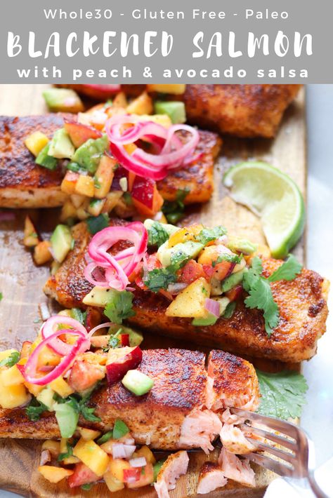 Blackened Salmon Recipes, Peach Salsa Recipes, Salmon Recipes Pan Seared, Blackened Salmon, Peach Salsa, Spring Dinner, Pan Seared Salmon, Pescatarian Recipes, Avocado Salsa