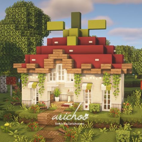 Minecraft Houses Strawberry, Minecraft Greenhouse Aesthetic, Cute House For Minecraft, Early Game Minecraft Builds, Minecraft Cottagecore Decoration, Minecraft Greenhouse Cottagecore, Minecraft House Cute Cottage, Strawberry Cottage Minecraft, Minecraft Build Cottagecore