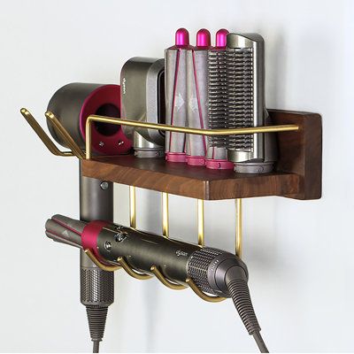 Dyson Bathroom Storage, Hair Dryer Wall Storage, Dyson Hair Dryer Storage Ideas, Dyson Air Wrap Storage Ideas, Dyson Wall Mount Ideas, Hair Dryer Storage Wall, Dyson Airwrap Storage, Hair Dryer Holder Ideas, Dyson Hair Dryer Storage