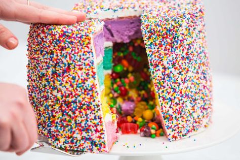 Sweet Candy-Filled Piñata Cake – Makeful Filled Cakes With Candy, Candy Filled Cake How To Make A, Exploding Cake Ideas, Nerds Candy Cake, Candy Surprise Cake, Pinata Cake Ideas, Nerds Cake, Cake Filled With Candy, Candy Filled Cake