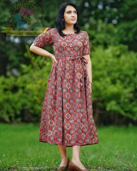 Women cotton dresses Kurti With Belt, Ajrakh Dresses, Anarkali Cotton Kurti, Churidar Neck, Simple Dress Casual, Morning Video, Printed Anarkali, Coord Sets, Women Dress Collection