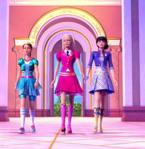 Animated Barbie Movie Outfits, Barbie And The Charm School, Barbie Animated Movies, Barbie Movies Costume, Barbie Princess Charm School Costume, Barbie Outfits Movies, Barbie Outfits Movie, Trios Cartoon Character, Barbie Trio