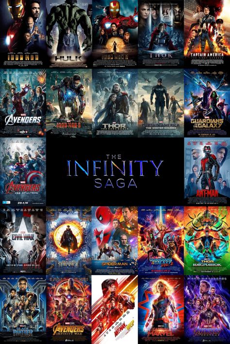 The Infinity Saga theatrical posters Super Hero Names, Hero Names, Sankranthi Wishes, All Marvel Movies, Marvel Movies In Order, Avengers Movie Posters, Marvel 4k, Marvel Room, Heroes Reborn