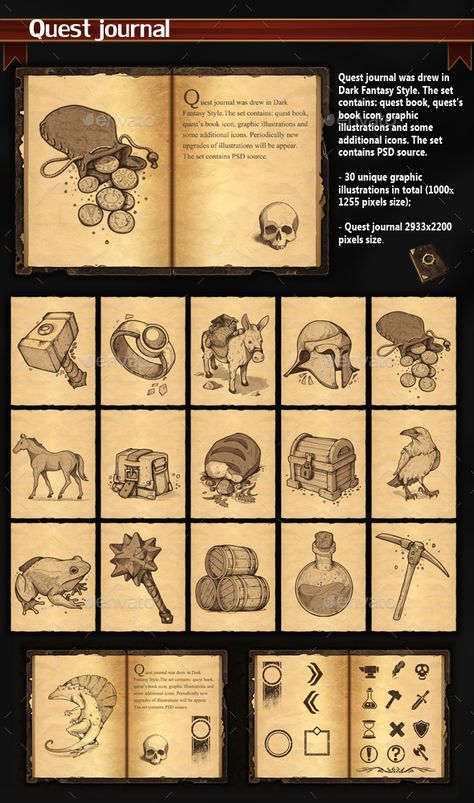 Quest journal was drew in Dark Fantasy Style. The set contains: quest book, questâ€™s book icon, graphic illustrations and some addi Quest Illustration, Quest Board Concept Art, Quest Map Illustration, Rpg Zines, Adventure Quest Worlds Art, Ttrpg Design, Journal Icon, Fantasy Card Game Design, Fantasy Quest