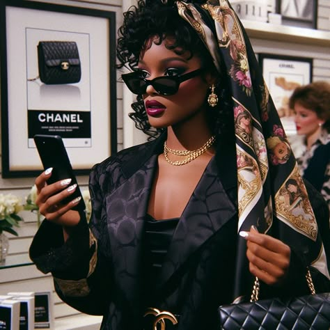 Black Fashion Designer Aesthetics, Mob Woman Aesthetic, Southern Money Aesthetic, Bougie Outfits Black Women, Vintage Black Women Aesthetic, Luxury Hair Aesthetic, Maximalist Black Women, 90s Luxury Aesthetic, Black Woman Old Money