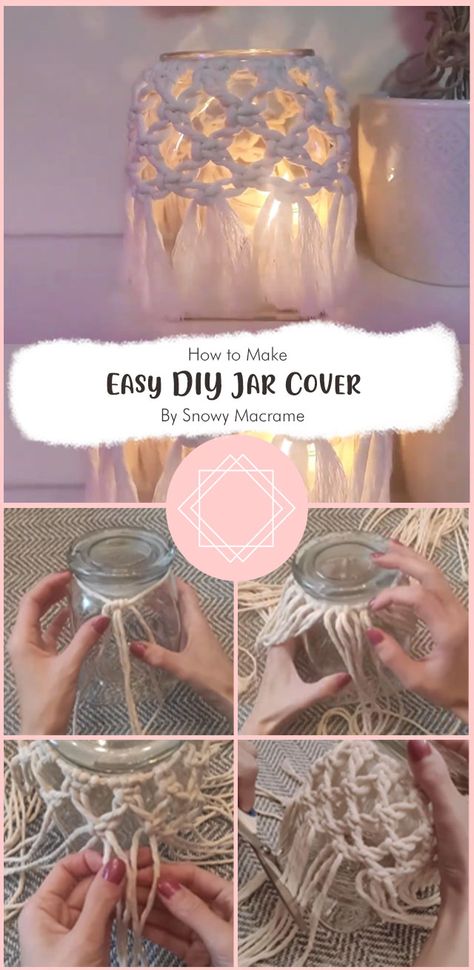 Today we are going to make easy DIY jar cover by snowy macrame. This is such a simple project and it can be made in no time. You can make this for yourself or gift it to someone you love. This is a great idea for people who love to decorate their home with handmade things. They will appreciate the effort that you have put into making this awesome DIY jar cover. Macrame On Jars Diy, Macrame Decor Ideas Diy Crafts, Macrame Around Jars, Boho Jars Diy, Macrame Pot Cover Diy, Macrame Glass Jar Tutorial, Diy Macrame Jar Covers, Macrame On Jars, Macrame Mason Jar Hanger Diy