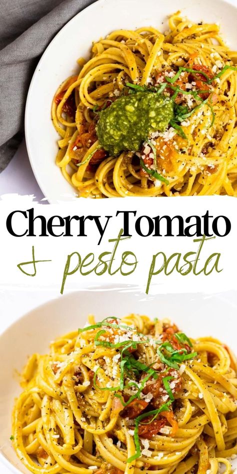 Full of fresh flavour, easy to make, and totally delicious this cherry tomato pasta is a breeze to whip up! The fresh cherry tomatoes cook down into the most luscious sauce that is flavoured with a high quality pesto. Just 6 ingredients and 20 minutes of time to get it on your plate. Pesto Cherry Tomato Pasta, Pesto Pasta With Cherry Tomatoes, Pesto Pasta Tomato, Pasta With Pesto And Tomatoes, Cherry Tomato Pesto, Blistered Cherry Tomatoes Pasta, Pasta With Roasted Cherry Tomatoes, Spaghetti Cherry Tomatoes, Roasted Cherry Tomatoes Pasta