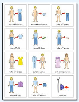 Free dressing and undressing picture cards icons for visual schedule from Do2Learn Toilet Training Visuals, Visual Schedule Preschool, Communication Cards, Fetal Alcohol, Social Stories Preschool, Rules For Kids, Visual Schedules, Elderly Activities, Physical Education Activities