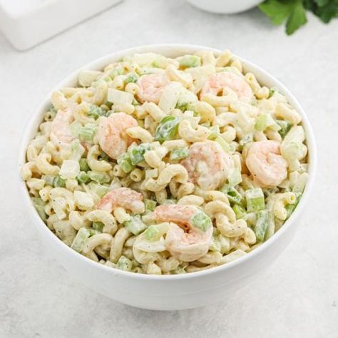 Shrimp Macaroni Salad - Eating on a Dime Macaroni Salad With Shrimp, Shrimp Macaroni Salad, Shrimp Macaroni, Simple Baked Beans Recipe, Salad With Shrimp, Shrimp Pasta Salad, Easy Baked Beans, Pasta Salad Ingredients, Blt Pasta Salads