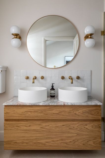 Small Double Vanity Bathroom, Small Double Vanity, Double Vanity Ideas, Small Bathroom Double Sink, Square Tile Backsplash, Wood Double Vanity, Bathroom Vanity With Marble Top, Transitional Bathroom Design, Vanity Backsplash