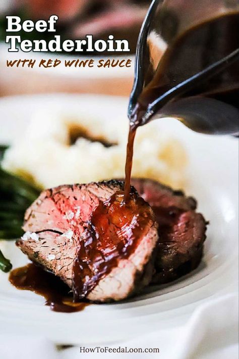 Beef Tenderloin with Red Wine Sauce is a show-stopper of roast. Unbelievably tender and deeply flavorful. The red wine sauce puts it over the top. The perfect holiday roast. Get the complete recipe with ALL-NEW VIDEO on the blog! Tenderloin With Red Wine Sauce, Beef Tenderlion, Whole Beef Tenderloin, Red Wine Beef, Holiday Roast, Beef Tenderloin Recipes, Filet Mignon Recipes, Holiday Roasts, Avocado Salad Recipes