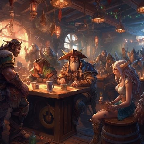 Dnd Party Art Tavern, Dnd Tavern, World Of Warcraft Art, Fantasy Tavern, Dnd Painting, Warcraft Art, Fantasy Concept, Fantasy Concept Art, Dungeon Master