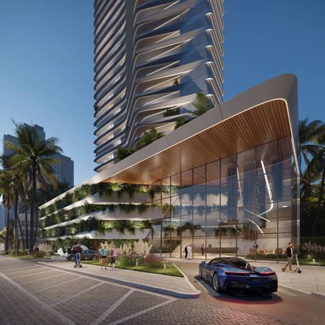 Luxury automobile designers Pininfarina expand their brand with a biophilic tower project in Brazil Industrial Exterior House, Tudor House Exterior, Biophilic Architecture, Retail Facade, Commercial Design Exterior, Residential Building Design, Mix Use Building, Skyscraper Architecture, Tower Design