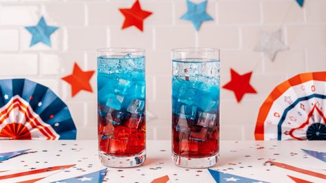 This drink was in a Family Fun magazine a few years ago. When poured carefully, this makes a red, white and blue drink for any star-spangled occasion. It separates by using the drink with the highest sugar content on the bottom, and the least on top. Red White And Blue Drinks, Cookout Desserts, Patriotic Drinks, Chicken Gyro, Anise Cookies, Fun Magazine, Picnic Desserts, Cookout Party, Blue Drink