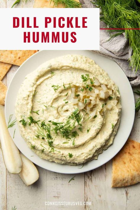 Pickle Hummus, Dill Pickle Hummus Recipe, Dill Pickle Hummus, Lemon Dill Hummus, Dill Pickle Hummus Without Tahini, Vegan Dill Dip, Dill Pickle Falafel, Creamy Hummus Recipe, Pesto Hummus