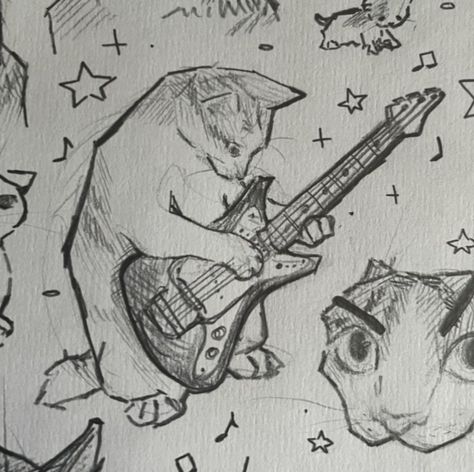 Guitar Drawing Tutorial, Cat With Guitar Drawing, Guy Playing Guitar Sketch, Cat Curled Up Drawing, Human Cat Drawing, Guy Playing Guitar Drawing, How To Draw A Guitar, Cat Tutorial Drawing, Cat With Headphones Drawing