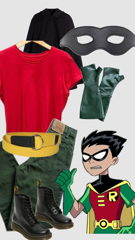 #teentitansgo #robin #halloween #halloweencostumes Diy Robin Costume Men, Robin Diy Costume Woman, Simple Modest Halloween Costumes, Diy Robin Costume For Women, Red Robin Costume, Robin Costume Man, Halloween Costumes Tomboy, Robin Cosplay Teen Titans, Robin Teen Titans Costume