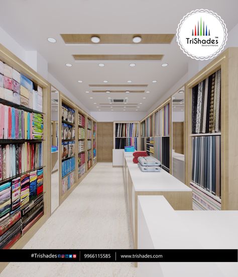 Trishades Interiors offers the best commercial interiors to the clients.We Create Luxury Interior Designs For Your Unique Space. For more details @+91 9966115585 #Interiordesign #interiordesignerinvijayawada #interiordesigners #interiordesignigdeas #commercialinteriordesignersinvijayawada# #Interiors #Interiordesignforhome #Bestinteriordesignersinvijayawada #Interiordesignersvijayawada Shop Celling Design Interiors, Pop Design For Showroom, Retail Store Ceiling Design, Cloth Shop Interior Design Retail, Pvc Ceiling Design For Shop, Shop Counter Design Clothes, Garments Shop Counter Design, Ceiling Design Commercial, Clothing Store Counter Design