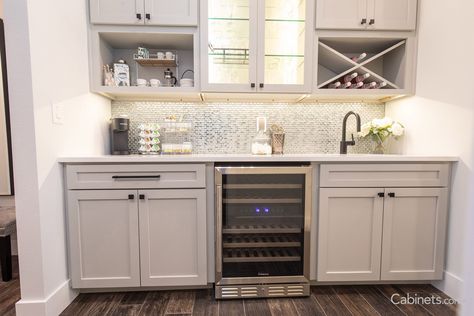 Oyster Gray Wine and Coffee Bar with Glass Doors - Cabinets.com Dining Room Bar Buffet, Coffee And Wine Bar, Wine And Coffee Bar, Country House Kitchen, Coffee/wine Bar, Order Kitchen, Free Kitchen Design, Coffee Bars In Kitchen, Beverage Center