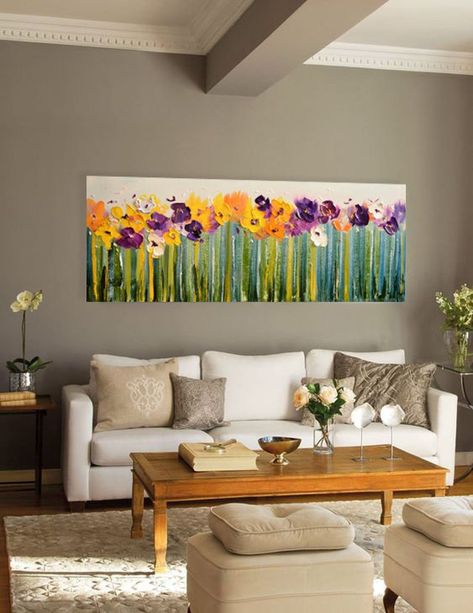 Horizontal Paintings On Canvas, Horizontal Painting Ideas, Color Theory Art, Horizontal Painting, Long Painting, Farmhouse Paintings, Bed Art, Art Above Bed, Greenery Decor