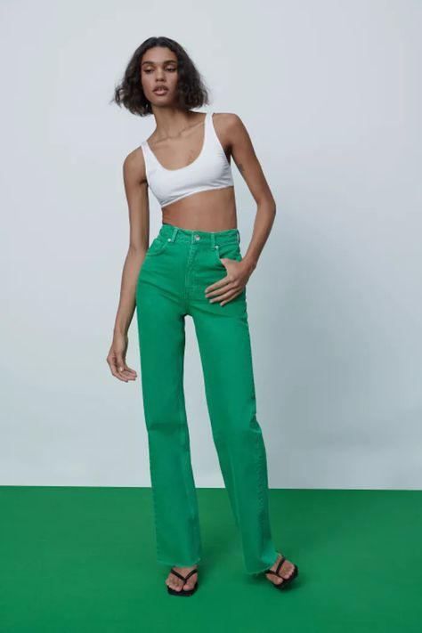 Zara Green Wide Leg Jeans Women Slacks, Wide Leg Denim Pants, Fashion Trousers, Pants Pocket, Slacks For Women, Loose Fashion, Green Jeans, Trouser Style, Crop Top Blouse