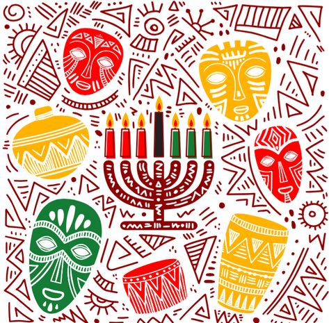 Kwanzaa is an annual holiday that begins December 26  and ends January 1 at the start of the new year with gift-giving and a feast of faith, called Karamu Ya Imani. Kwanzaa celebrates the rich cultural roots of Americans of African ancestry. The word Kwanzaa was derived from matunda ya kwanza which means “the first” or “the first fruits of the harvest” in Swahili.  Kwanzaa was founded in 1966 by Dr. Maulana Karenga, a Black Studies professor who wanted to bring African-Americans together after Colored Candles, Happy Kwanzaa, African Ancestry, Merry Christmas Background, Valentines Day Coloring, Coloured Candles, Plant Vector, Hand Drawn Vector Illustrations, Hand Drawn Flowers