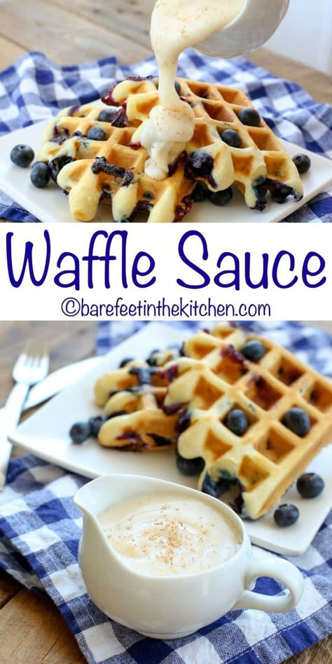 Waffle Sauce is an unforgettable topping for waffles, pancakes, or French toast! get the recipe at barefeetinthekitchen.com Waffle Sauce, Waffle Iron Recipes, Waffle Maker Recipes, What's For Breakfast, Sweet Sauce, Waffle Iron, Waffle Recipes, Pancakes And Waffles, Waffle Maker