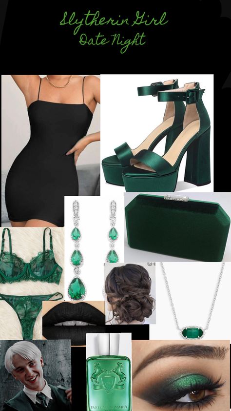 Slytherin Inspired Dress, Slytherin Fashion Aesthetic, Draco Malfoy Inspired Outfits, Slytherin Clothes Aesthetic, Slytherin Party Outfit, Modern Slytherin Outfit, Slytherin Outfits Aesthetic, Cute Slytherin Outfits, Slytherin Aesthetic Outfit