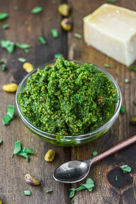 Loaded with sage, Italian parsley, pistachios, goat cheese and Parmesan cheese, this sage pesto is the definition of fall-inspired pesto and goes great with a variety of meals. #sagepesto #homemadepesto #pesto #homemadesauce #fallrecipes | www.chiselandfork.com Sage Pesto, Tarragon Recipes, Brown Butter Sage Sauce, Fall Pasta, Sage Recipes, Italian Parsley, Creamy Cauliflower Soup, Cauliflower Soup Recipes, Apple Pork Chops