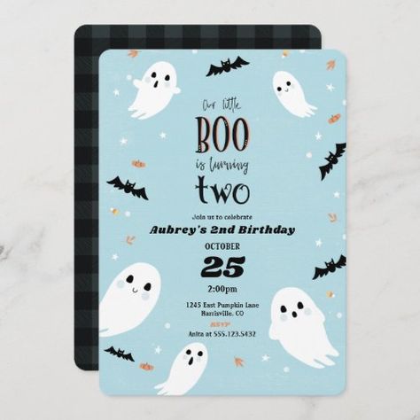 $3.06 | Our Little Boo Halloween 2nd Birthday Invitation | Halloween Birthday Invitations | little boo, halloween, birthday invitation, halloween party invitation, ghosts, is turning two, 2nd birthday, is turning 2, boy, blue Halloween First Birthday, Blue Halloween, Halloween Birthday Invitations, 2nd Birthday Invitations, Halloween Party Invitations, Halloween Invitations, First Birthday Invitations, Boy First Birthday, Free Birthday Invitations