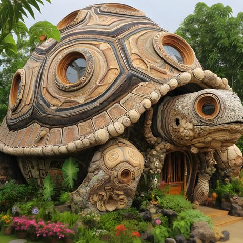 Welcome to my crib. 🐢 #dalle3 #architecture #turtles Animal House Design, Big Tortoise, Welcome To My Crib, Dubai Garden, Crazy Houses, Small Cottage Homes, Turtle Island, Colorful Houses, Architectural Sculpture