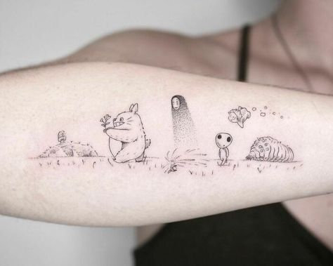 Kodama Tattoo, Miyazaki Tattoo, Tatuaje Studio Ghibli, 42 Tattoo, Studio Ghibli Tattoo, Tato Henna, Ghibli Tattoo, Cartoon Character Tattoos, Cartoon Tattoos