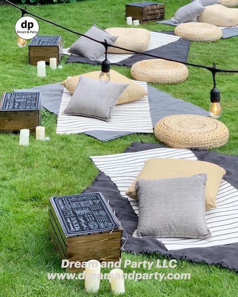 Lounging. Outdoor Movie night setup. Blankets and pillows. Backyard Party. Teen party ideas. Birthday party ideas. Ideas para celebrar en casa. Party ideas that work for adults and kids. Neutral color decor. Beige and gray palette to decor. Fiesta de Cumpleaños. Festa. Bistro Lighting. Birthday ideas for kids. Dream and Party LLC. USA Movie Night Seating, Outdoor Movie Night Party, Backyard Movie Night Party, Outdoor Movie Party, Greek Dinner, Backyard Movie Party, Movie Night Birthday Party, Indoor Picnic, Backyard Movie Nights