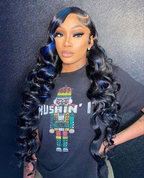 Wig Ambassador, Wig Install Ideas, Hairstyles For Hoco, 90s Photoshoot Ideas, Black Hair With Blue Highlights, Baddie Hair Styles, Colourful Wigs, Blue Minnie Mouse, Baby Shower Hair