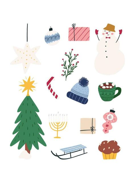 Set of cute Christmas elements, hand drawn flat vector illustration isolated on white background. Winter holiday greeting card. Christmas tree, snowman, candle, candy. Cozy and simple Christmas. Christmas Illustration Simple, Snowman Illustration, Candle Illustration, Christmas Simple, Background Winter, Snowman Candle, Vector Frame, Tree Snowman, Christmas Elements