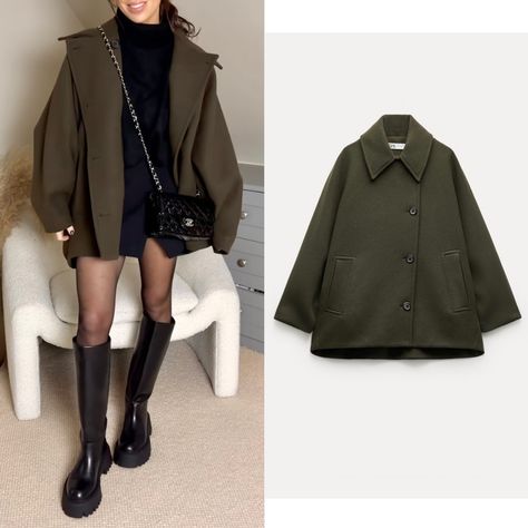 Green Short Coat Outfit, Olive Green Trench Coat Outfit Fall, Coat For Short Women, Maxmara Outfit, Olive Coat Outfit, Scottish Fashion Woman, Short Wool Coat Women, Short Trench Coat Outfit, Zara Oversized Coat