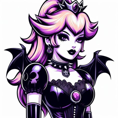 Goth Peach Mario, Goth Princess Peach, Goth Peach, Emo Dark Aesthetic, Emo Dark, Mario Stuff, Goth Princess, Clown Horror, Spooky Stuff