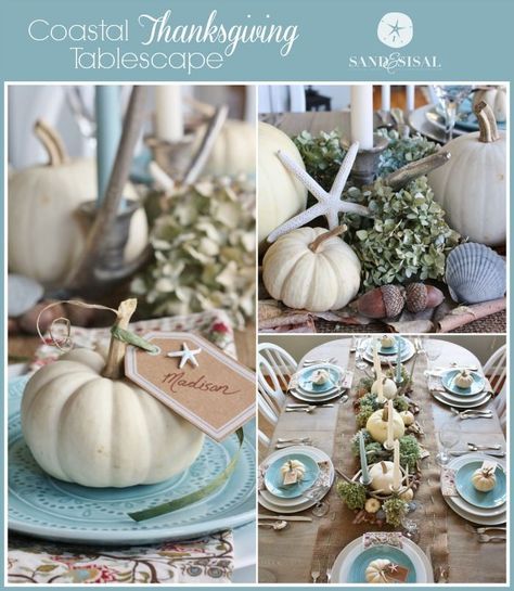 Coastal Thanksgiving Tablescape Beach Thanksgiving, Coastal Thanksgiving, Coastal Fall, Coastal Holiday, Thanksgiving Tablescape, Plans Architecture, Plans House, Fall Tablescapes, Thanksgiving Table Settings