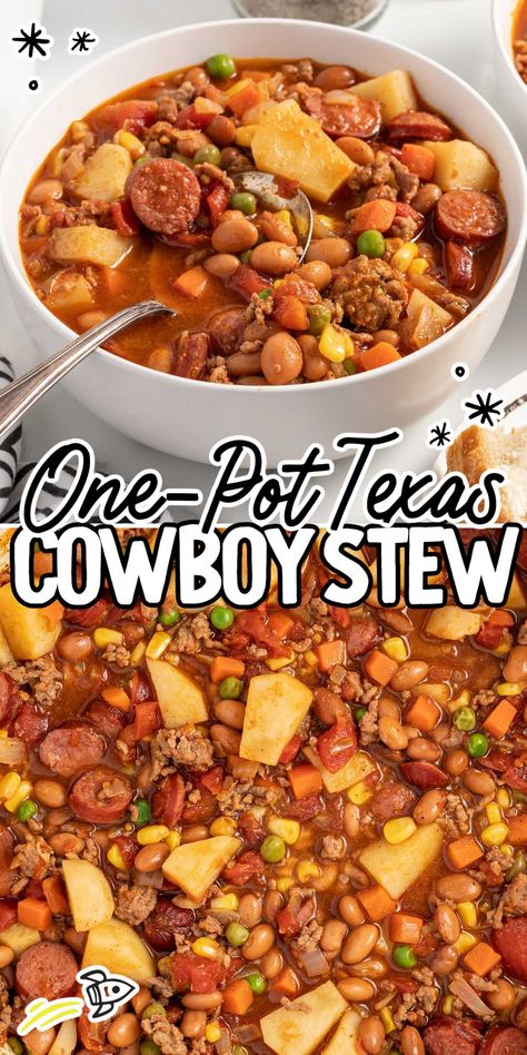 Texas cowboy stew is a rich and hearty dish made with beef smoked sausage, ground beef, russet potatoes, pinto beans, and tomatoes, offering a distinct and flavorful experience. Texas Stew, Cowboy Supper, Texas Cowboy Stew Crockpot, Texas Cowboy Stew, Cowboy Stew Recipe Ground Beef Crock Pot, Cowboy Beans With Hamburger Crock Pot, Cowboy Beans With Smoked Sausage, Cowboy Stew With Baked Beans, Cowboy Beans With Hamburger And Sausage