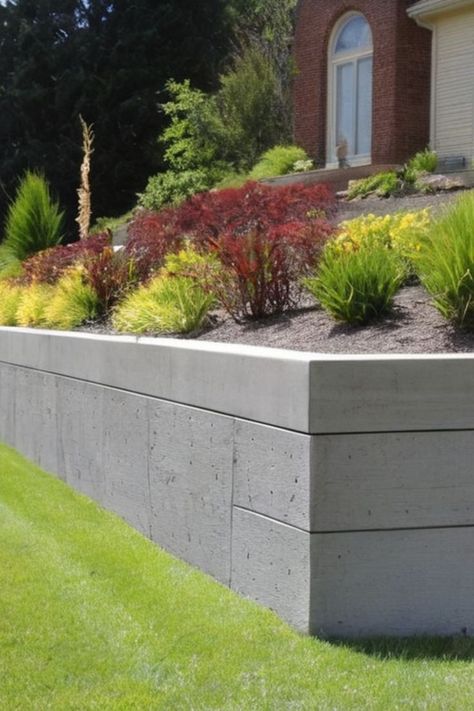 concrete Stamped Concrete Retaining Wall, Cement Retaining Wall, Concrete Front Yard, Concrete Retaining Wall, Wall Landscape, Garden Retaining Wall, Concrete Retaining Walls, Landscaping Retaining Walls, Concrete Ideas