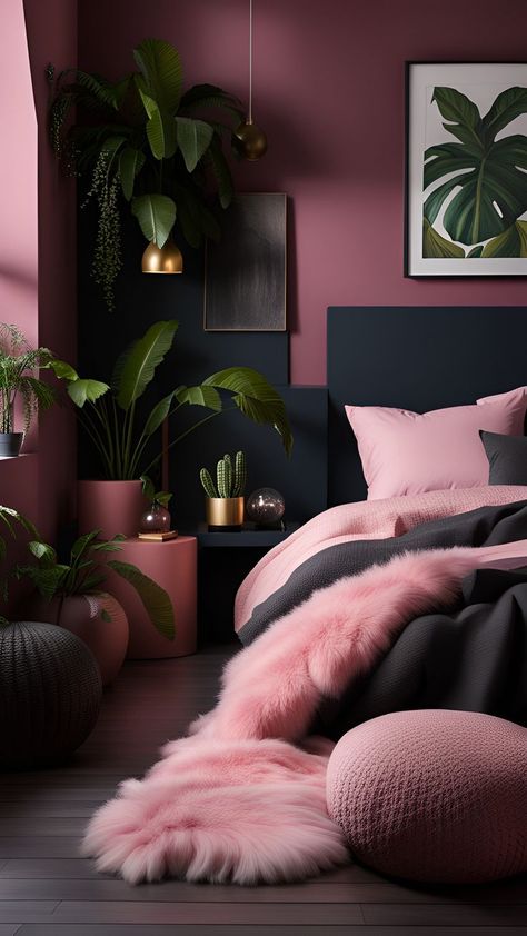 Dark Pink Bedroom Ideas For Women, Deep Pink Bedroom, Pink And Burgundy Bedroom, Pink And Black Bedroom Aesthetic, Pink Adult Bedroom, Rose Gold Bedroom Ideas, Pink And Black Bedroom Ideas, Burgundy Bedroom, Cottage Bedrooms