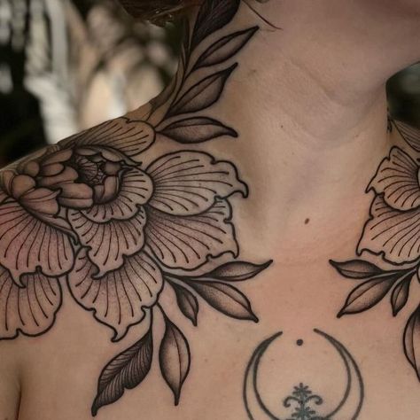 Susann Marleen on Instagram: "two days in a row for Bibi 💥  thanks for coming and being tough  middle part & arm healed   done @_zztattoo  • #chesttattoo #chestpiece #chestpiecetattoo #floraltattoo #flowertattoo #ornaments #ornamentaltattoo #ornamenttattoo #blackwork #dotwork #linework #blackink #blxckink #btattooing #darkartists #blackworkers #flashworkers #onlyblackart #blacktattooart #blacktattoo #blkttt #tattoo #otd #peonytattoo" Floral Shoulder Neck Tattoo, Plus Size Neck Tattoo, Protection Flowers Tattoo, Chest Tattoo Floral, Chest Tattoo Traditional Women, Neck Floral Tattoo, Black And Gray Chest Tattoo, Shoulder Floral Tattoos For Women, Traditional Tattoo Chest Piece Women